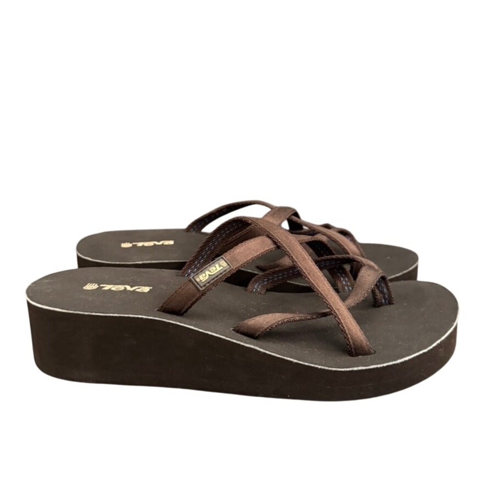 Teva Olowahu Platform Sandals Brown Strappy Mush Wedge Flip Flops Womens 8